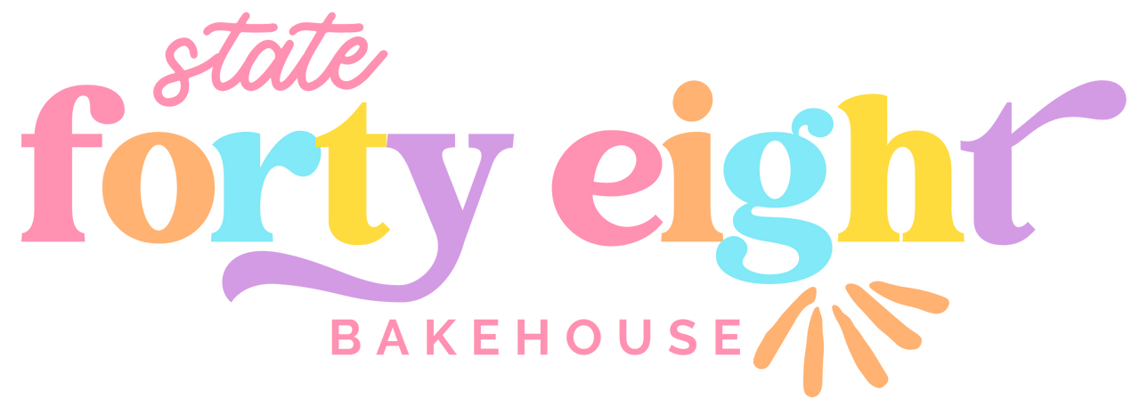 main logo in rainbow pastel colors with words state forty eight bakehouse in vintage font and script