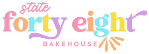 main logo in rainbow pastel colors with words state forty eight bakehouse in vintage font and script